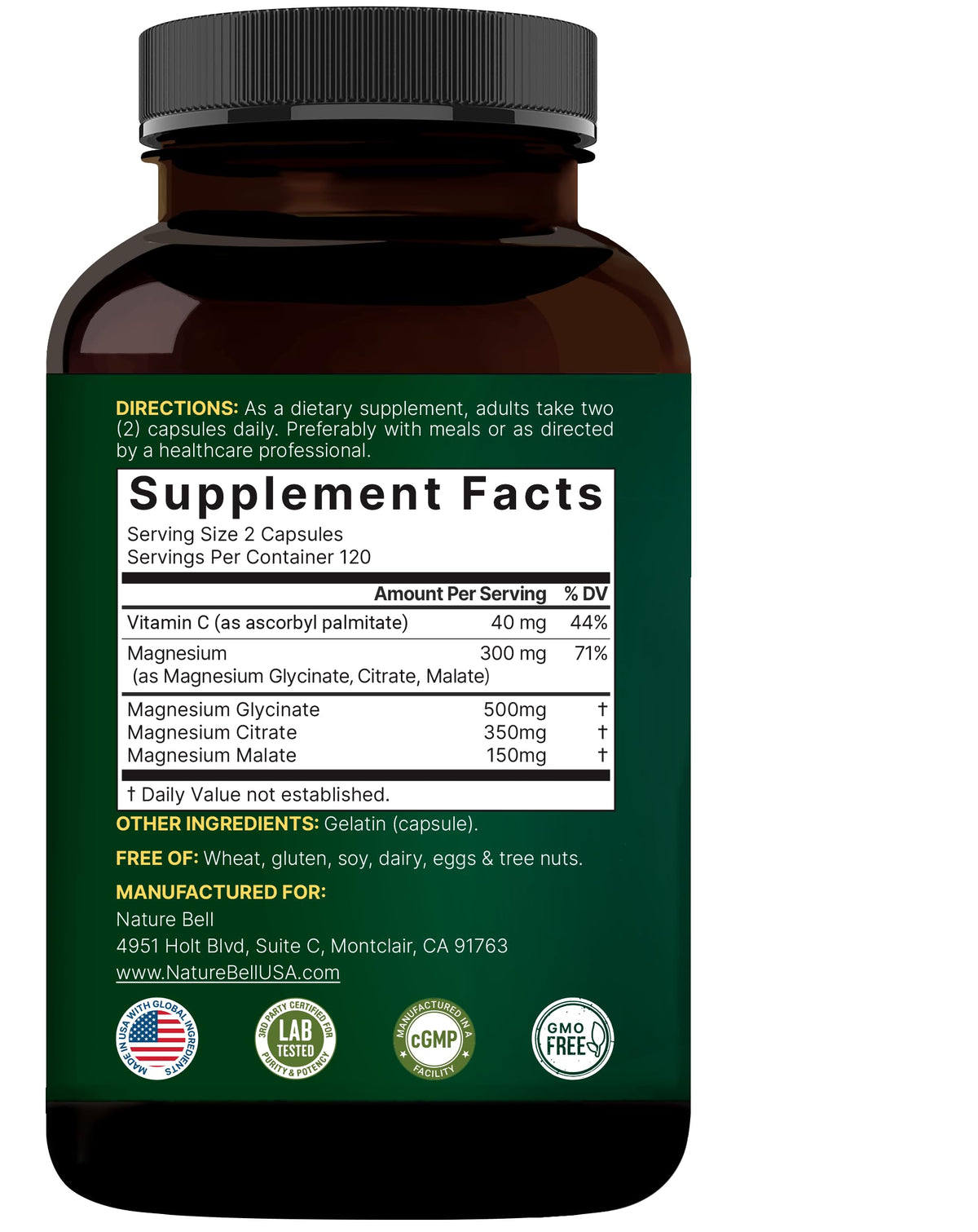 NatureBell Magnesium Complex for Women & Men 1,000mg Per Serving – 240 Capsules – Triple Magnesium Complex with Glycinate, Citrate & Malate – Chelated & Purified – Non‑GMO, Filler Free