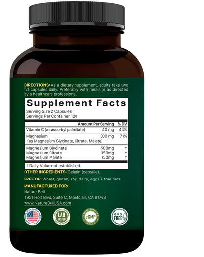 NatureBell Magnesium Complex for Women & Men 1,000mg Per Serving – 240 Capsules – Triple Magnesium Complex with Glycinate, Citrate & Malate – Chelated & Purified – Non‑GMO, Filler Free