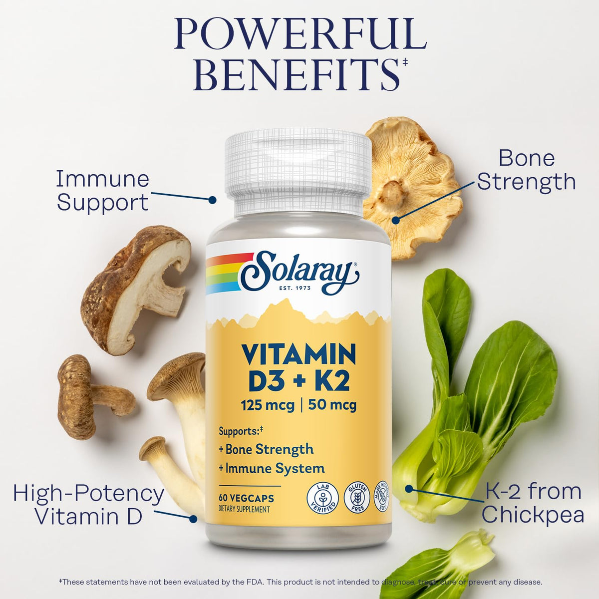 SOLARAY Vitamin D3 K2, K2 D3 Vitamin Supplement for Calcium Absorption, Bone Strength, Cardiovascular & Immune Function Support, Made Without Soy, 60-Day Guarantee, 60 Servings, 60 VegCaps SOLARAY buy supplements Au