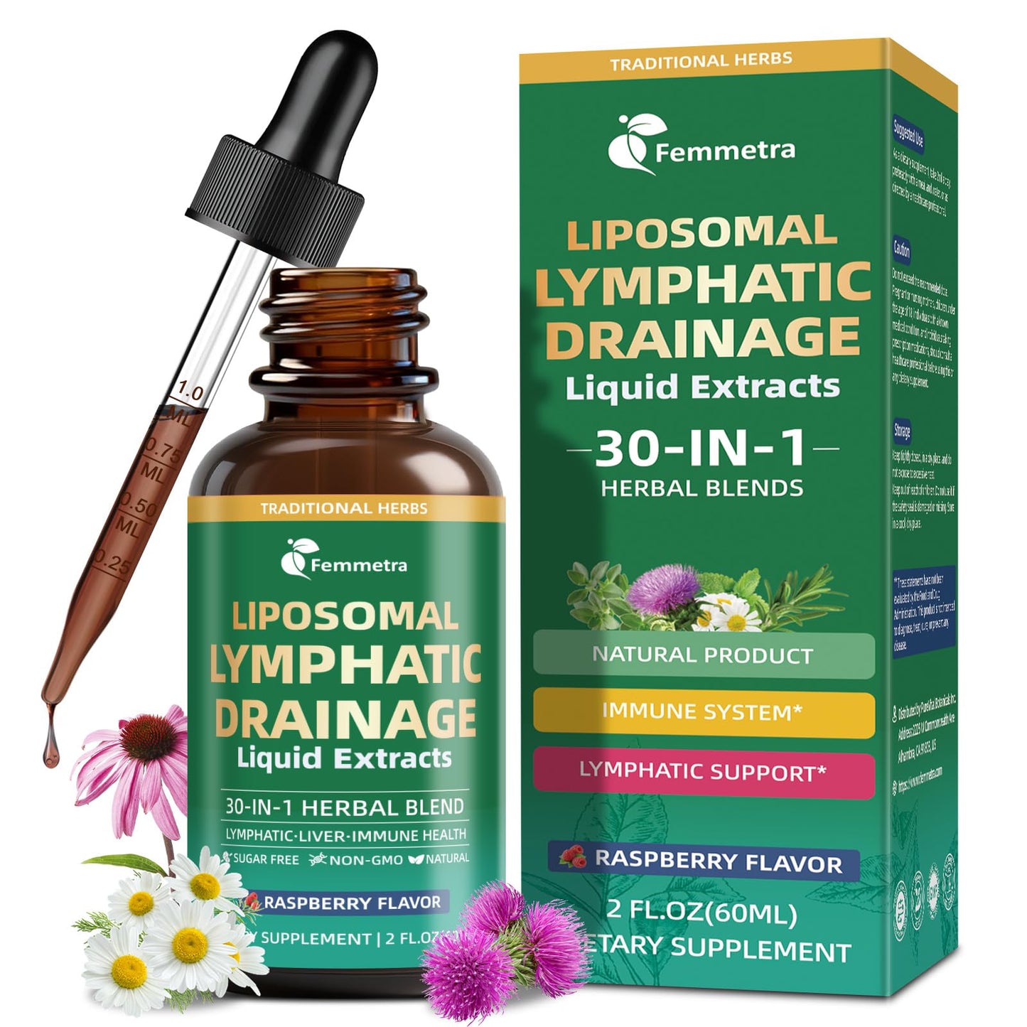 Liposomal Lymphatic Drainage Supplements with 30-in-1 Herbal Blend - Echinacea | Oregano | Milk Thistle - Sugar Free Lymph System Drops - Immune Support, Cleanse & Detox, Raspberry Flavor, 2 fl oz Femmetra buy supplements Au