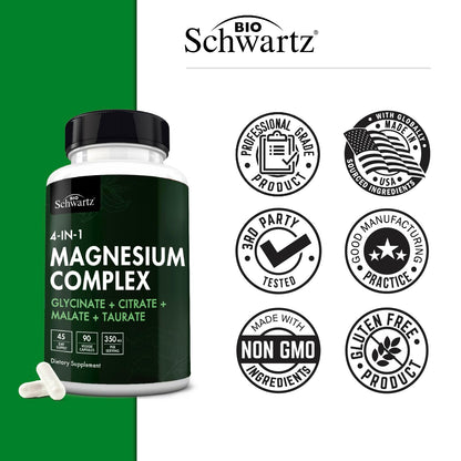 BioSchwartz Magnesium Complex Supplement (90 Capsules) 350mg Magnesium Glycinate Citrate Malate and Taurate Per Serving for Healthy Nerves Muscles Heart Sleep Support (Vegan, Gluten-Free, Non-GMO) BioSchwartz buy supplements Au