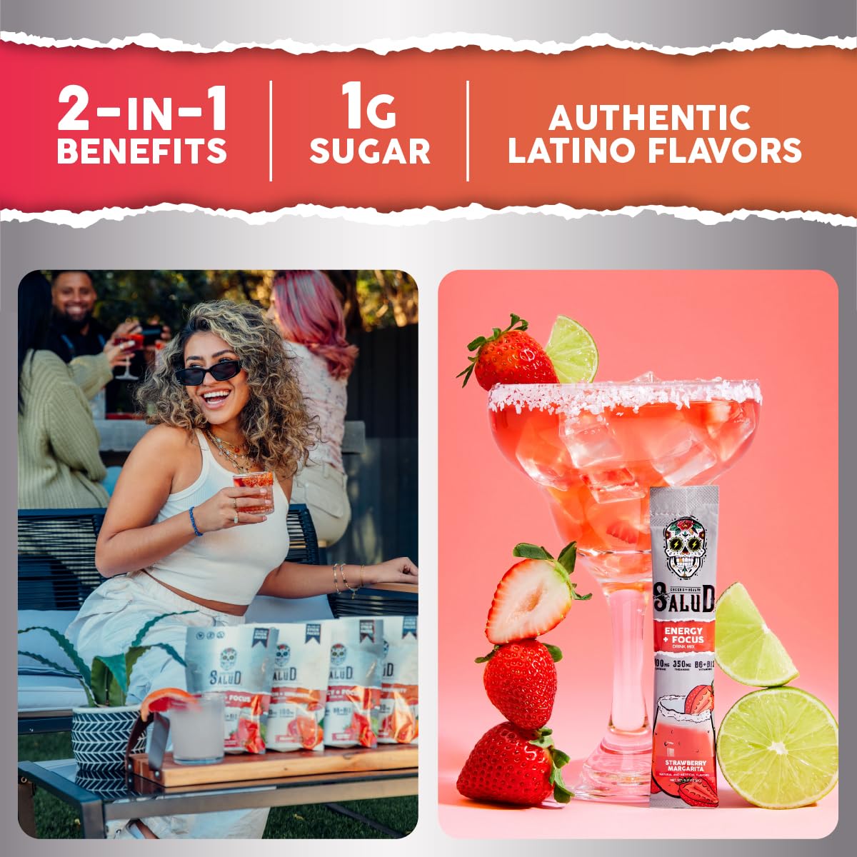 Salud 2-Pack |2-in-1 Energy + Focus (Guava) & Energy + Focus (Strawberry Margarita) – 15 Servings Each, Agua Fresca Drink Mix, Non-GMO, Gluten Free, Vegan, Low Calorie, 1g of Sugar