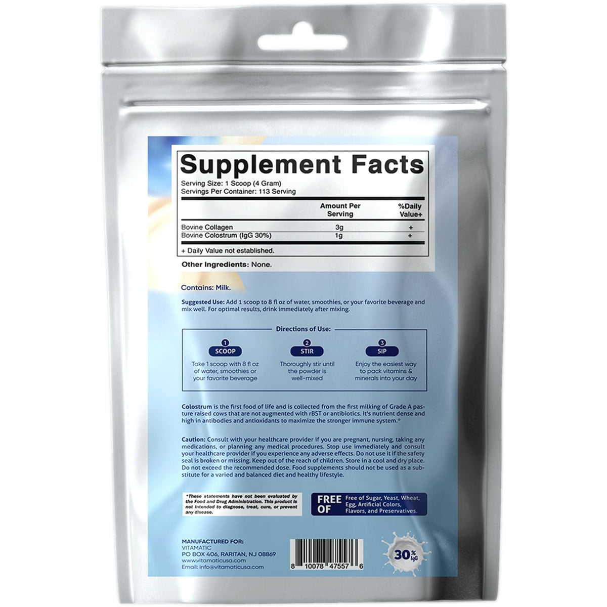 Vitamatic Bovine Colostrum + Collagen Powder - Supplement for Gut Health, Hair Growth, Beauty, Muscle Recovery, & Immune Support - Easy to Mix - Unflavored - 454 Gram, (16 oz) VitamaticBuy Supplements Australia