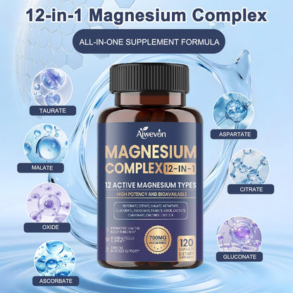 Magnesium Complex 700mg, 12 in 1 Magnesium Supplement with Glycinate, Citrate, Malate, Oxide, Taurate & Orotate, High Absorption Magnesium for Sleep, Muscle, Nerve & Heart Support, Vegan, 120 Capsules Aiwevon buy supplements Au