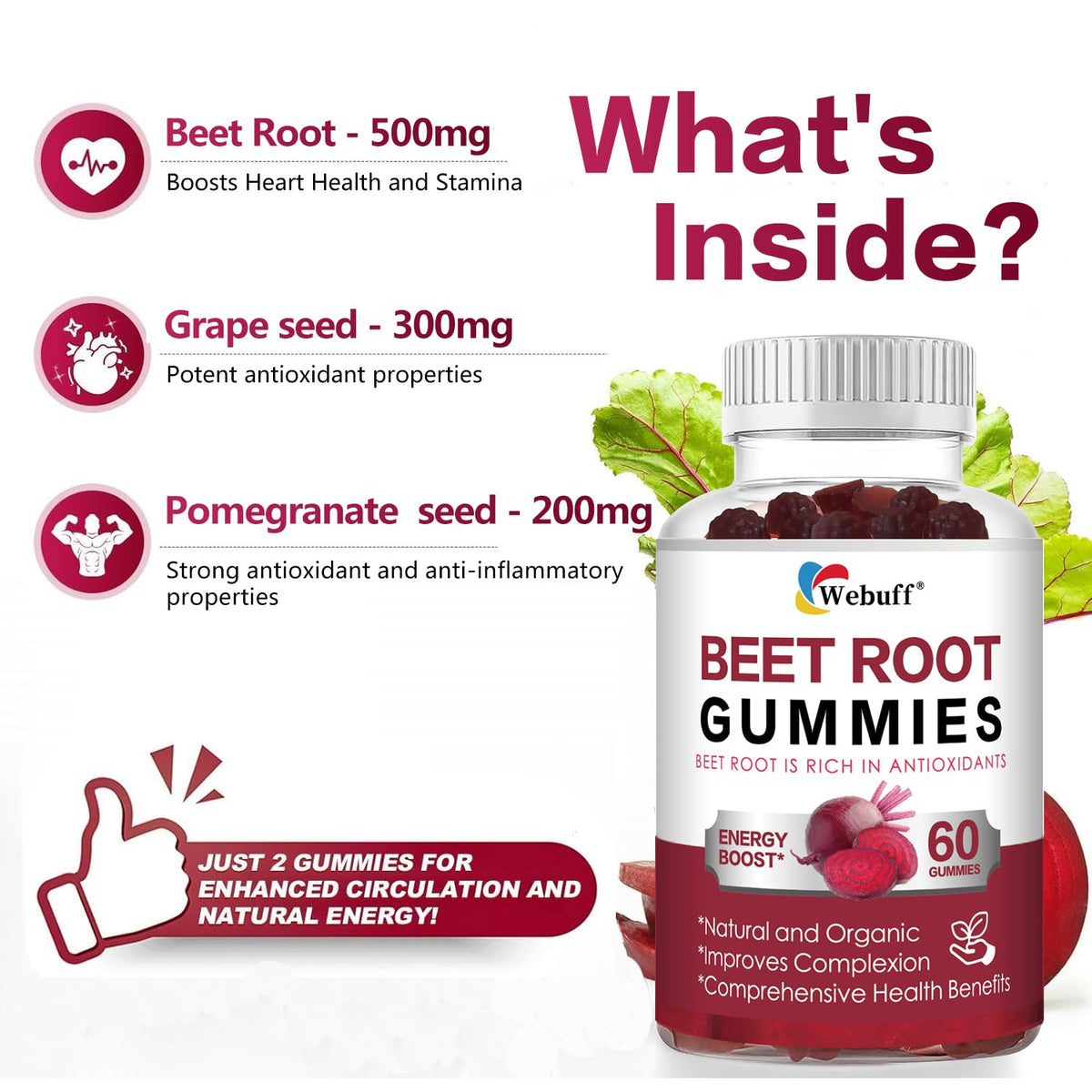 Webuff Beet Root Gummies - Nitric Oxide Booster with Organic Beet, Pomegranate & Grape Seed, Vitamin B12 - Energy, Circulation & Heart Health Support, Vegan, Non-GMO, 60 Count (Pack of 1) Webuff buy supplements Au