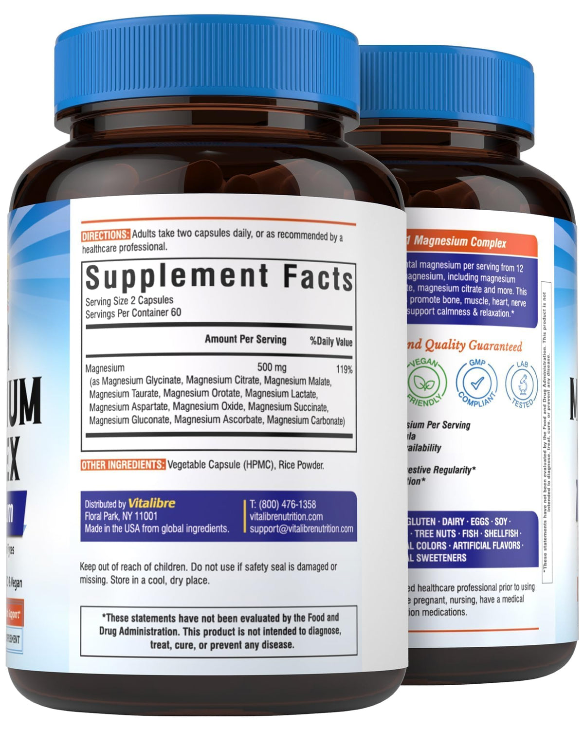 Vitalibre 12 in 1 Magnesium Complex Supplement 500mg | Max Absorption Chelated Magnesium Glycinate Citrate Malate & More for Bone, Nerve & Digestive Support | Non-GMO Vegan Capsules (120 Count) Vitalibre buy supplements Au