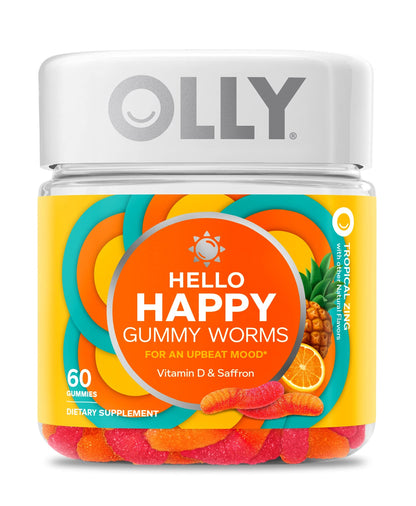 OLLY Hello Happy Gummy Worms, Mood Support Gummies For Adults,* Saffron Extract, Vitamin D, Tropical Zing Flavored, 30 Day Supply - 60 Count