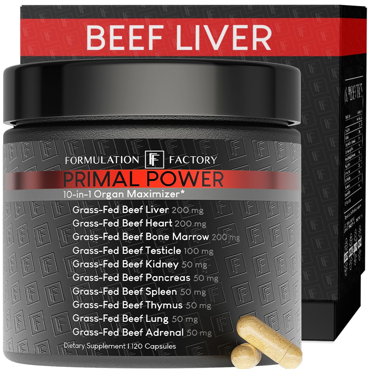 Supplement container labeled 'Primal Power' by Formulation Factory with beef liver label.