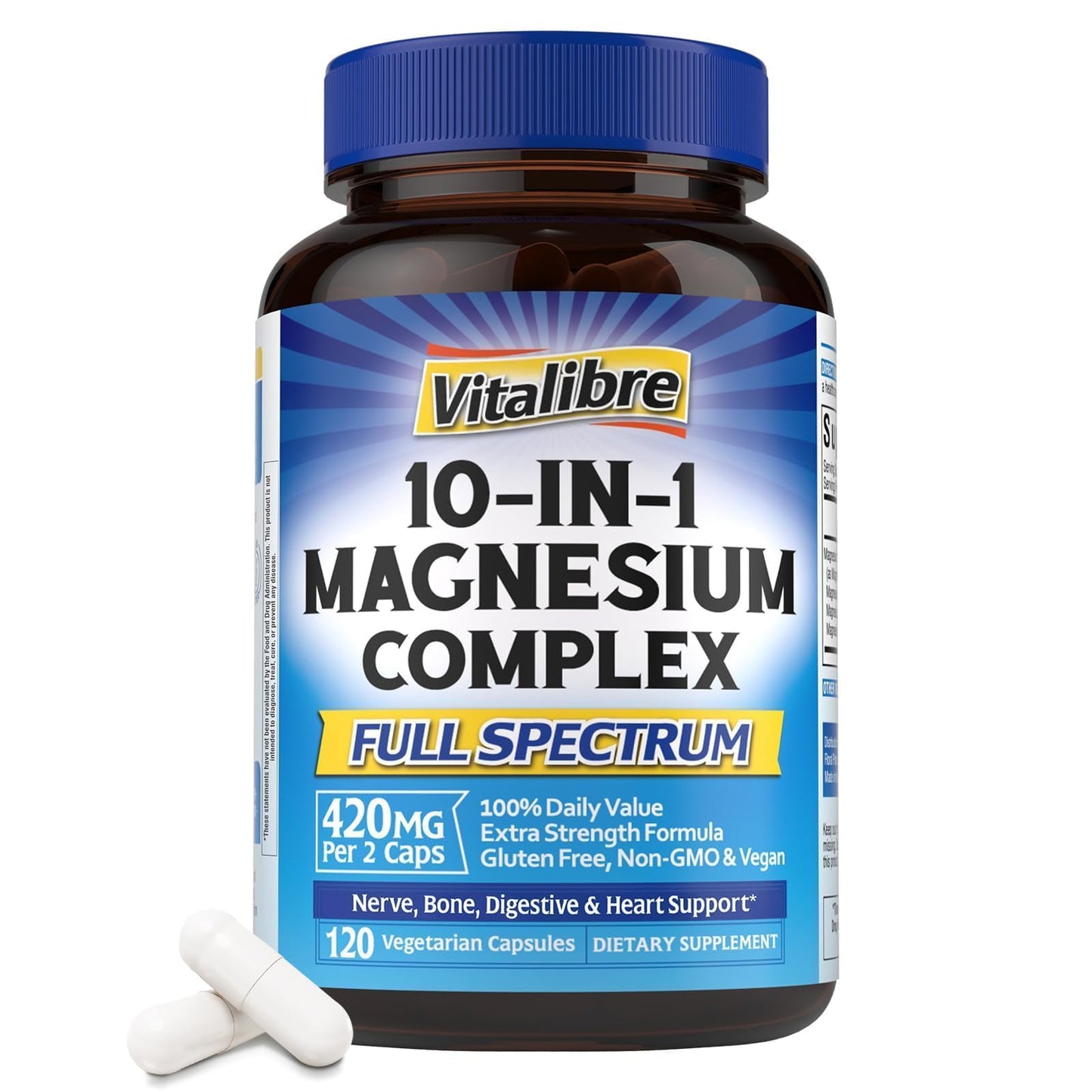 Vitalibre 10-IN-1 Magnesium Complex supplement bottle with blue label on a white background