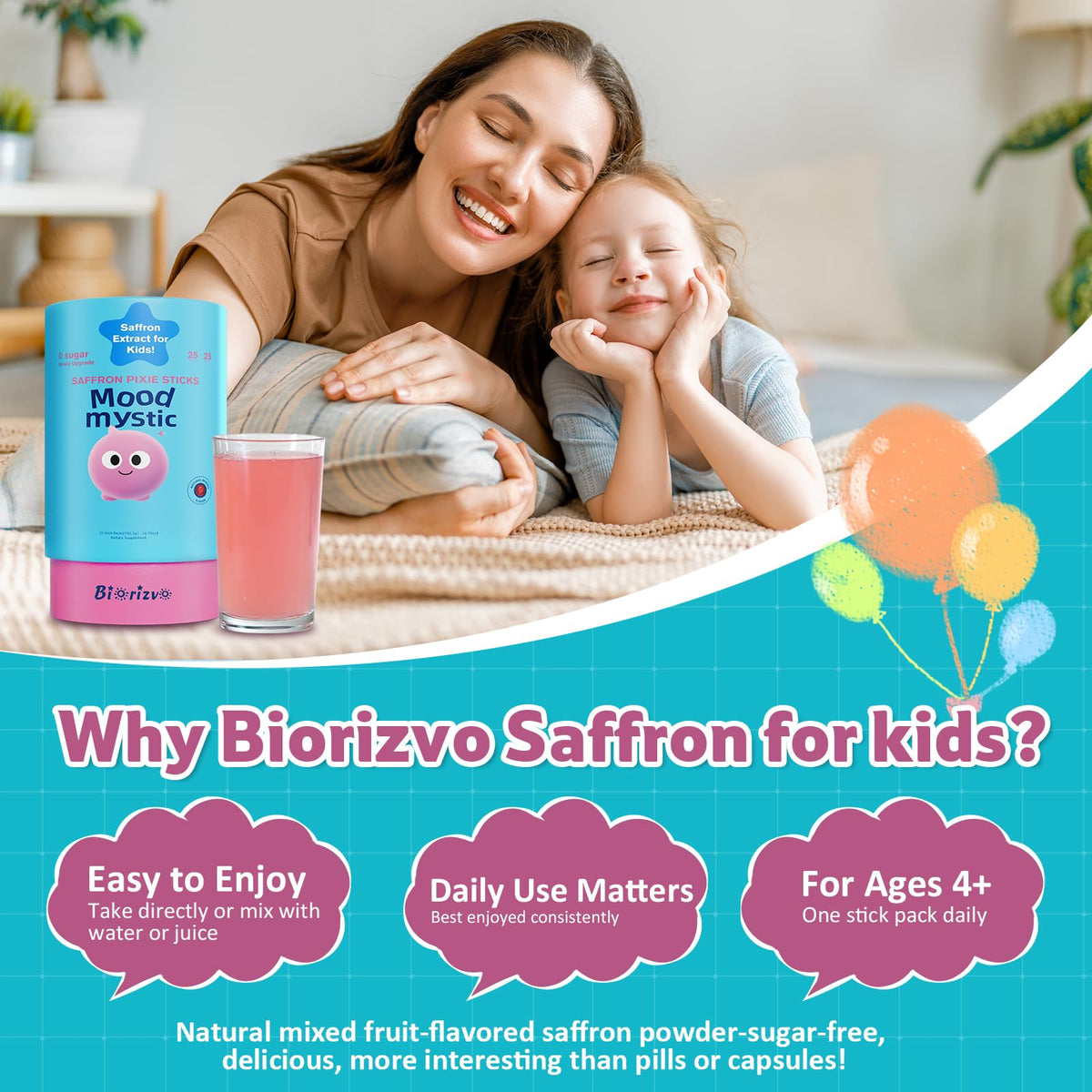 Biorizvo Saffron Drink for Kids - Saffron Exact Drink Mix with GABA, Magnesium & Vitamin D3 - Supports Mood Focus & Sleep, Calms Temper Tantrums, Fruit Punch Drink Sticks Mix for Kids 4+, Sugar-Free