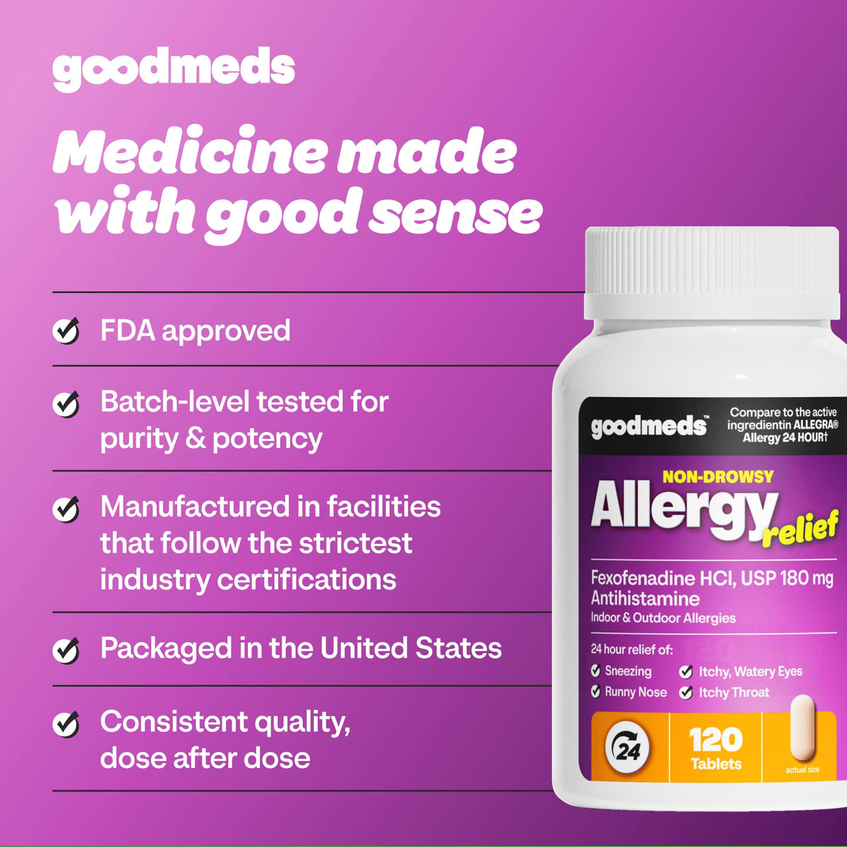 GoodMeds Compare to Allegra | Fexofenadine HCl 180mg | 24-Hour Allergy Relief, Non-Drowsy Antihistamine Generic Medicine for Allergies, Hay Fever, Itchy Eyes | for Kids & Adults (120 Count) GoodMeds buy supplements Au