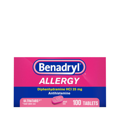 Benadryl Ultratabs Allergy Medicine, 25 mg Diphenhydramine HCl Antihistamine Tablets For Cold & Allergy Relief of Symptoms Like Sneezing, Runny Nose, Itchy Eyes & Throat, Hay Fever, 100 Count Tablets Benadryl buy supplements Au