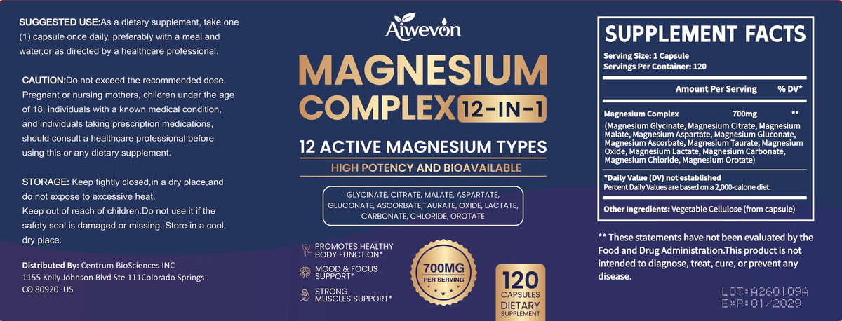 Magnesium Complex 700mg, 12 in 1 Magnesium Supplement with Glycinate, Citrate, Malate, Oxide, Taurate & Orotate, High Absorption Magnesium for Sleep, Muscle, Nerve & Heart Support, Vegan, 120 Capsules Aiwevon buy supplements Au