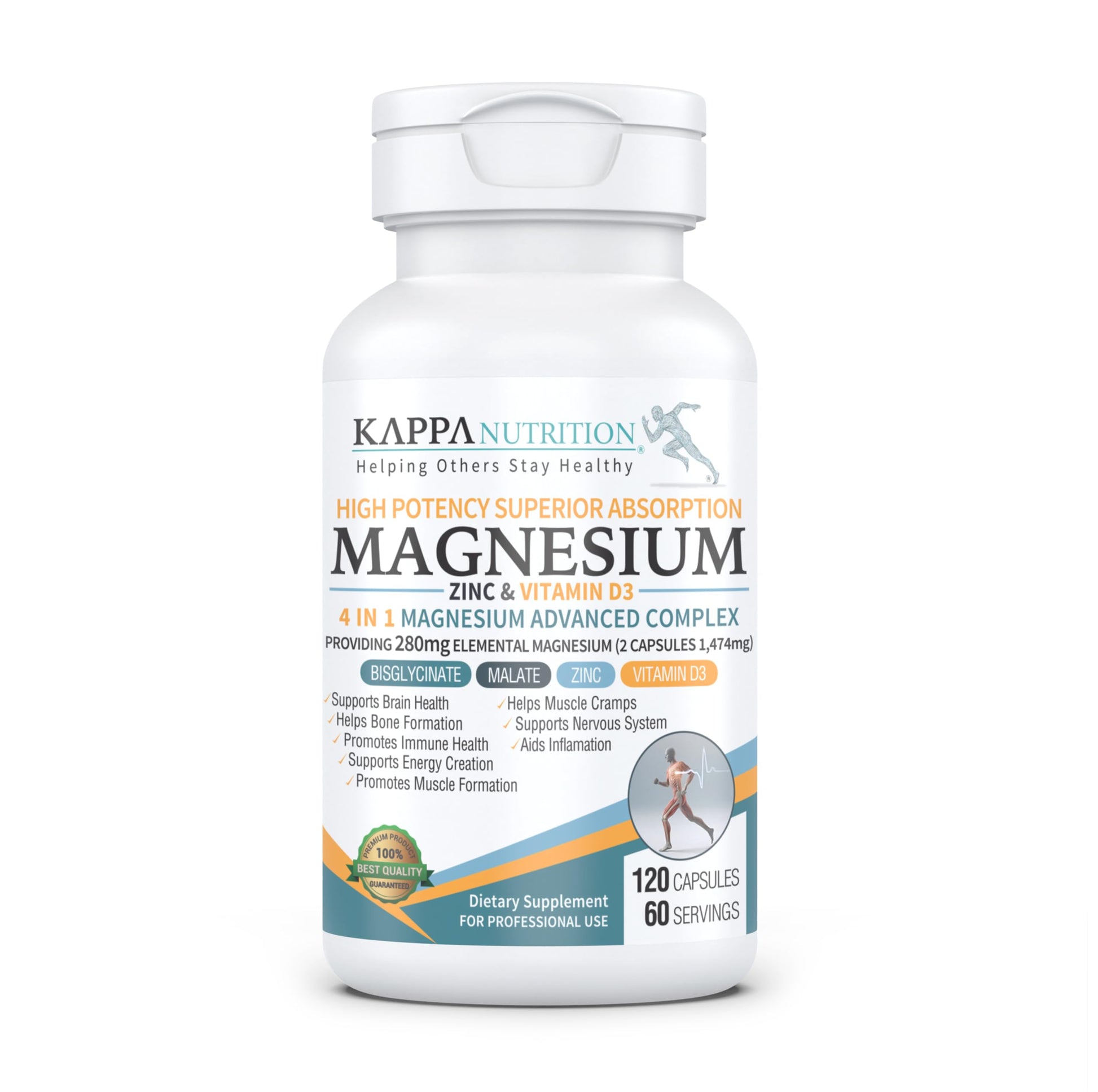 Kappa Nutrition Magnesium 4-in-1, 280mg Elemental Magnesium (Bisglycinate, Malate) + Zinc & Vitamin D3, Brain, Sleep, Energy, Muscle, Immune Support, 120 Vegan Capsules. KAPPA NUTRITION buy supplements Au