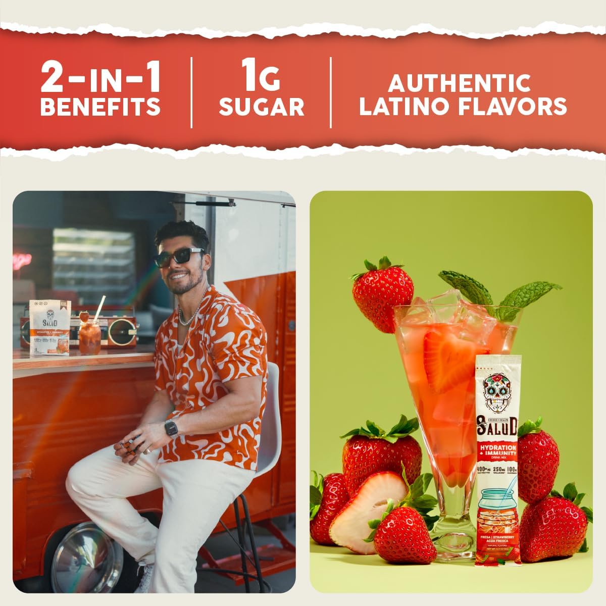 Salud 2-Pack | 2-in-1 Hydration + Immunity (Pineapple) & Hydration + Immunity (Strawberry) – 15 Servings Each, Agua Fresca Drink Mix, Non-GMO, Gluten Free, Vegan, Low Calorie, 1g of Sugar