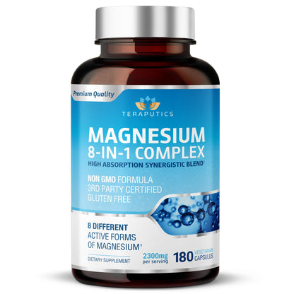 Supplement bottle labeled 'Magnesium 8-in-1 Complex' by Teraputics on a white background