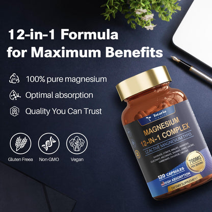Magnesium Complex 700mg 12 in 1 Magnesium Supplement with Glycinate Citrate Malate Oxide Taurate Aspartate Orotate Magnesium Relaxation,Muscle,Heart Support, Vegan 120 Capsules 2PK Totaria buy supplements Au