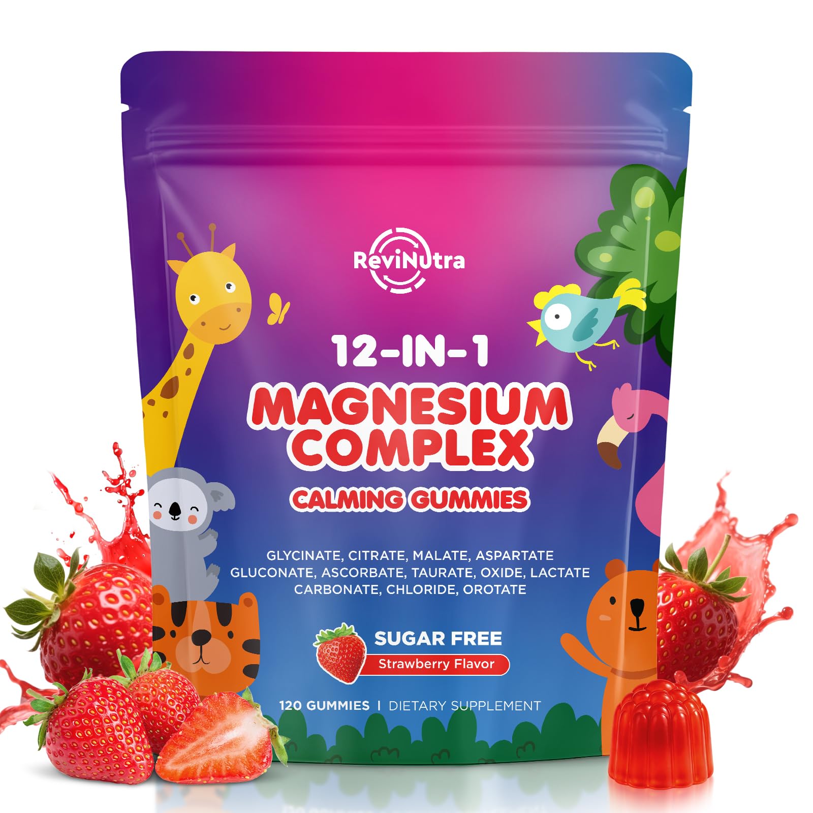 Revinutra 12-IN-1 Magnesium Complex gummies packaging with cartoon animals and strawberries on a white background
