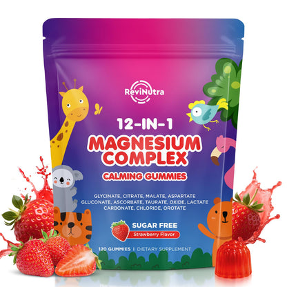 Revinutra 12-IN-1 Magnesium Complex gummies packaging with cartoon animals and strawberries on a white background