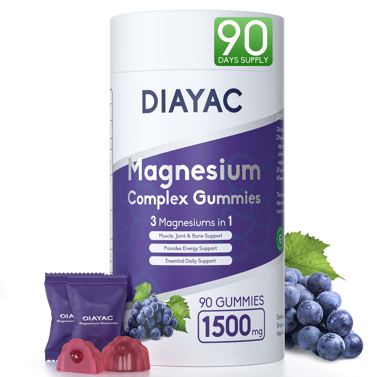 DIAYAC Magnesium Complex Gummies packaging with gummies and grapes on a white background