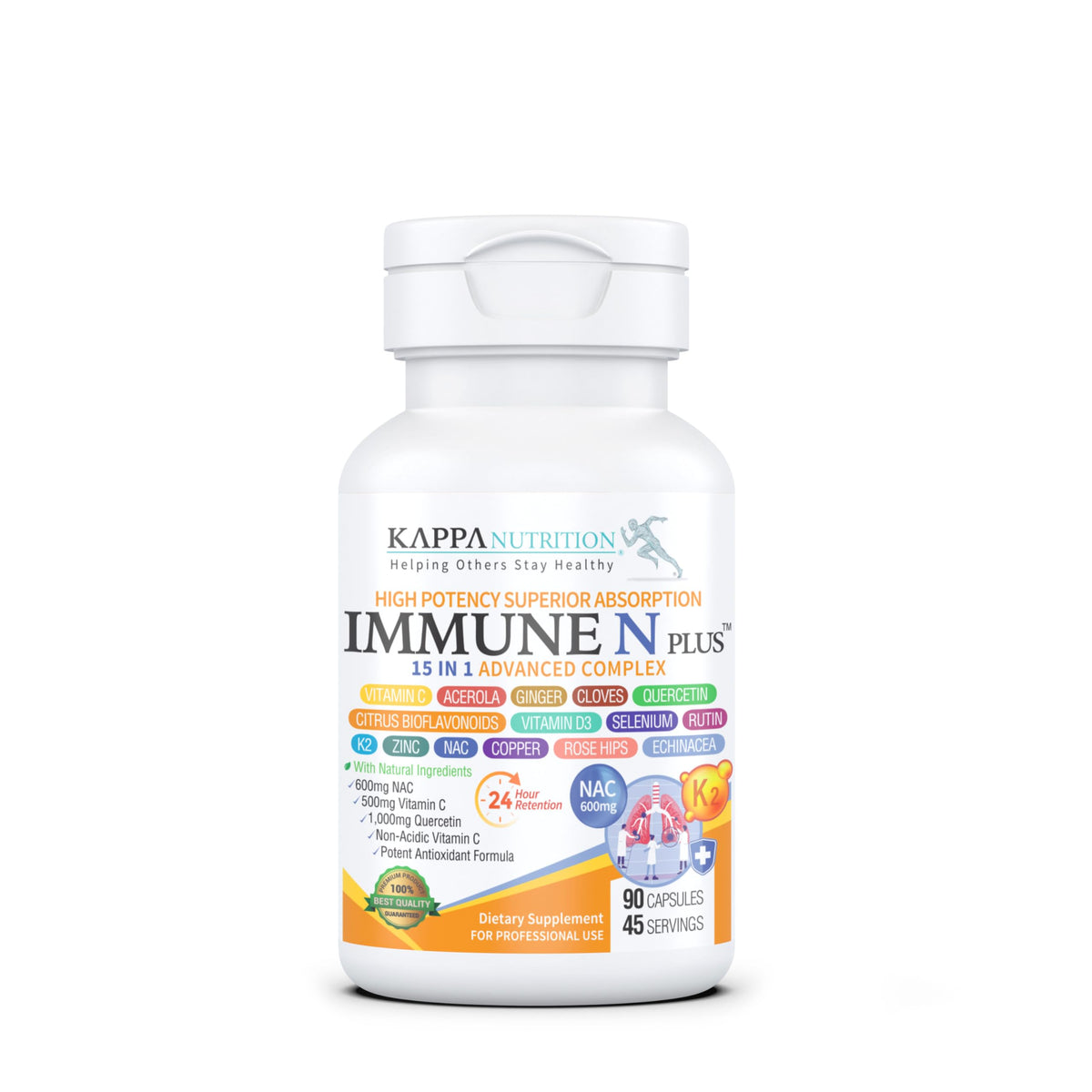 (90 Capsules), NAC 600mg, Quercetin 1,000mg, Vitamin C 500mg, Zinc 50mg, Vitamin D3 5,000iu, Selenium, Copper, Acerola, Ginger, Rutin, Citrus Bioflavonoids, Rose Hips, Echinacea, Immune N Plus 15 in 1 KAPPA NUTRITIONBuy Supplements Australia