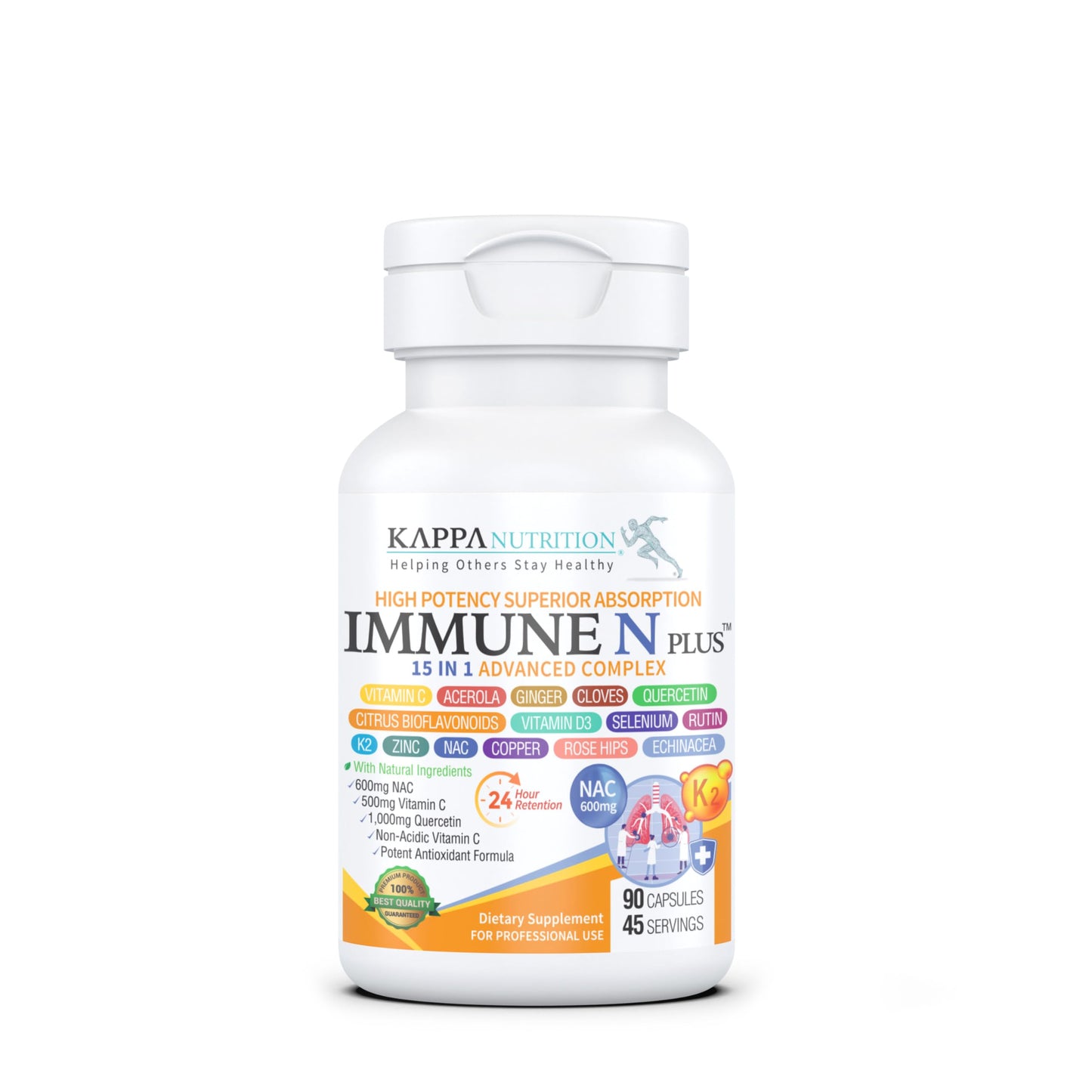 (90 Capsules), NAC 600mg, Quercetin 1,000mg, Vitamin C 500mg, Zinc 50mg, Vitamin D3 5,000iu, Selenium, Copper, Acerola, Ginger, Rutin, Citrus Bioflavonoids, Rose Hips, Echinacea, Immune N Plus 15 in 1 KAPPA NUTRITION buy supplements Au