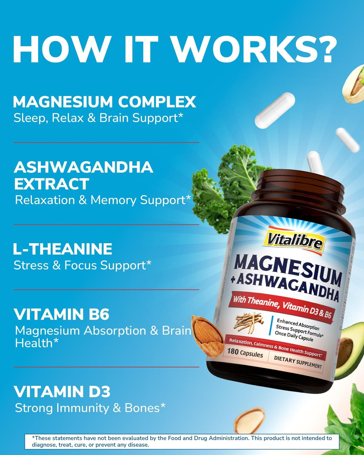 Vitalibre Magnesium Complex with Ashwagandha & L-Theanine - Stress Relief, Bone & Relaxation Support - w/Vitamin D3, B6 - Glycinate, Citrate, Malate, Taurate - 90 Vegan Capsules, Non-GMO, Gluten Free Vitalibre buy supplements Au