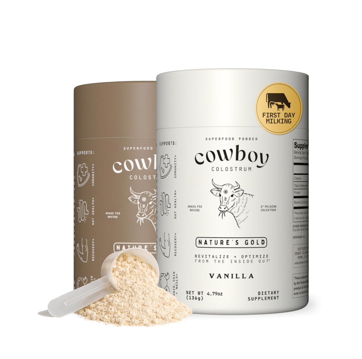 Two containers of cowboy colostrum with a scoop of powder on a white background