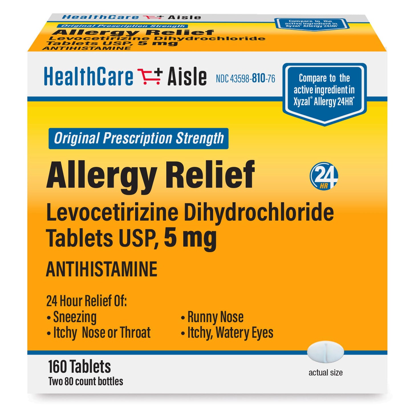 HealthCareAisle Allergy Relief - Levocetirizine Dihydrochloride Tablets USP, 5 mg, 160 Tablets, Original Prescription Strength Allergy Medication, 24-Hour Relief, 80 Count (Pack of 2) HealthCareAisle buy supplements Au