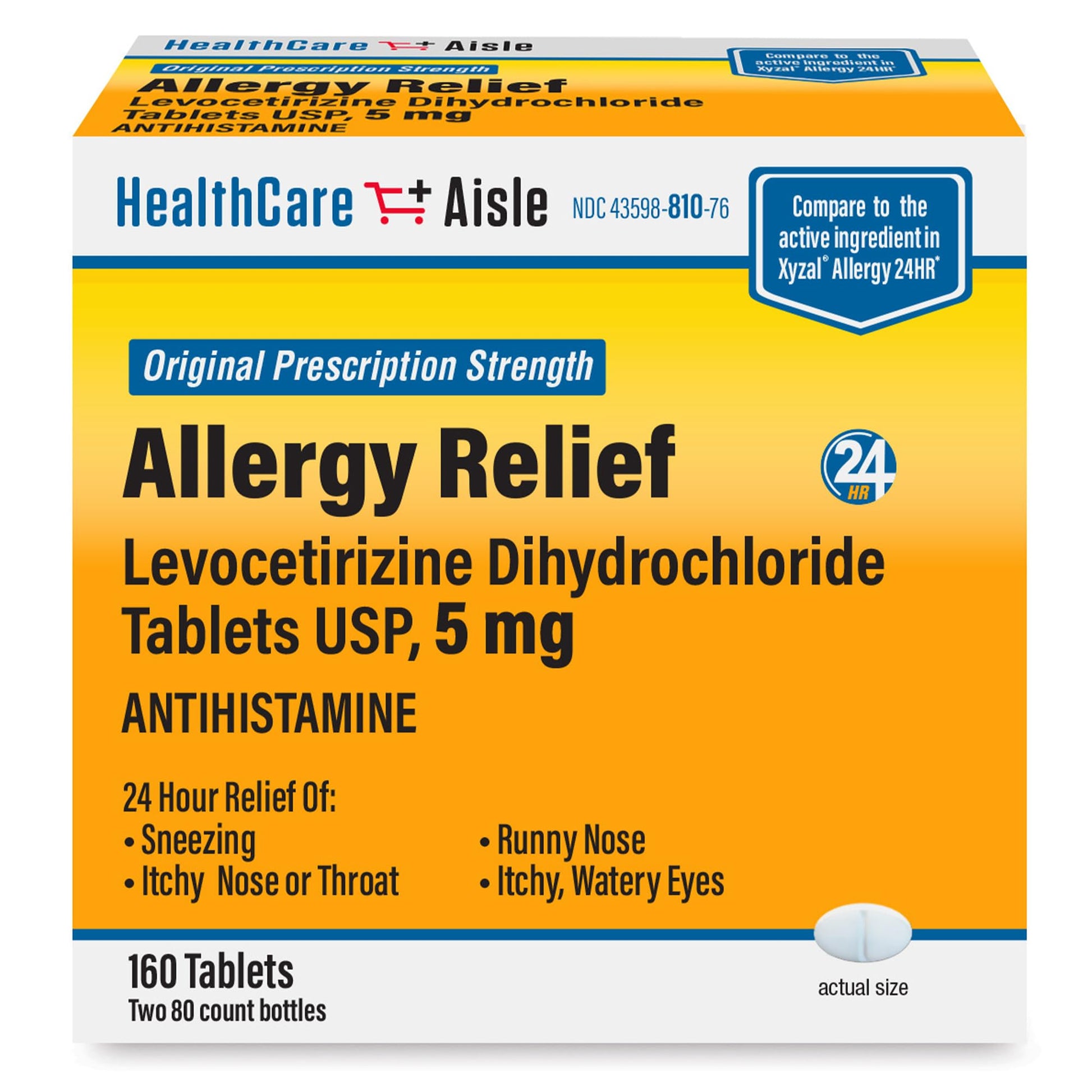 HealthCareAisle Allergy Relief - Levocetirizine Dihydrochloride Tablets USP, 5 mg, 160 Tablets, Original Prescription Strength Allergy Medication, 24-Hour Relief, 80 Count (Pack of 2) HealthCareAisle buy supplements Au
