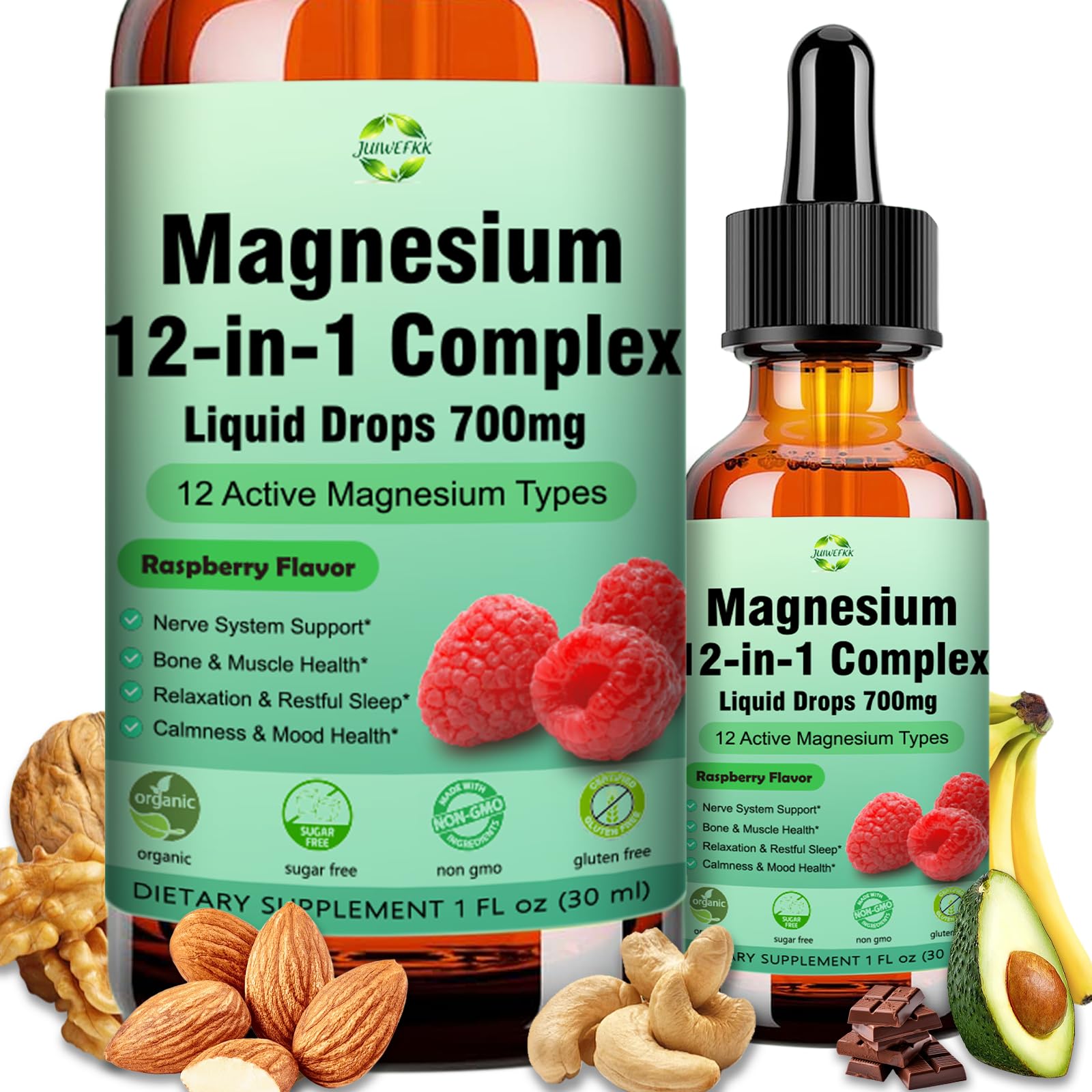 Two bottles of magnesium supplement with ingredients on a white background
