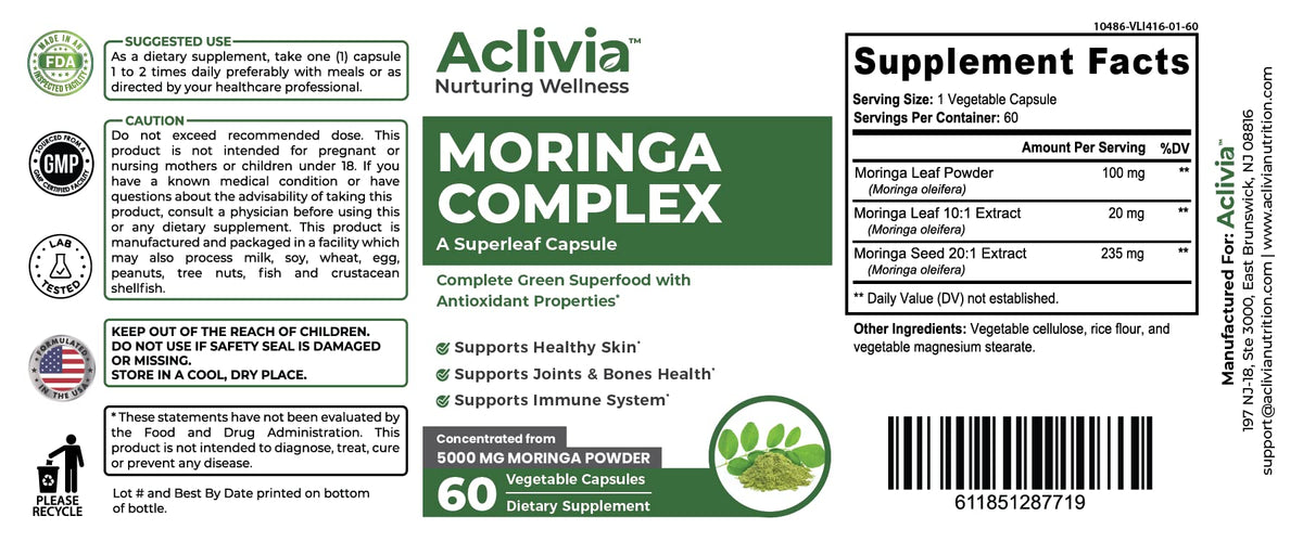 Aclivia - Moringa Complex - Maximum Strength Moringa Oleifera Leaf & Seed Supplement - Superfood Capsules with Antioxidant Properties - 5000mg - 60 Capsules AcliviaBuy Supplements Australia