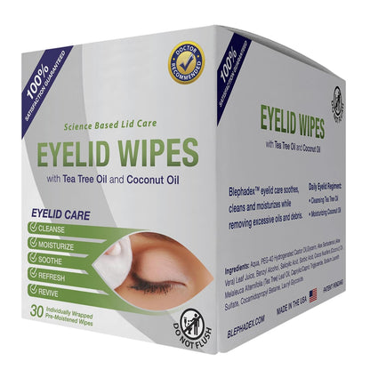 Lunovus Premium Eyelid Wipes With Tea Tree and Coconut Oil - Cleansing Wipes for People Itchy Eyes - Individually Wrapped - Box Of 30 Natural Eye Wipes