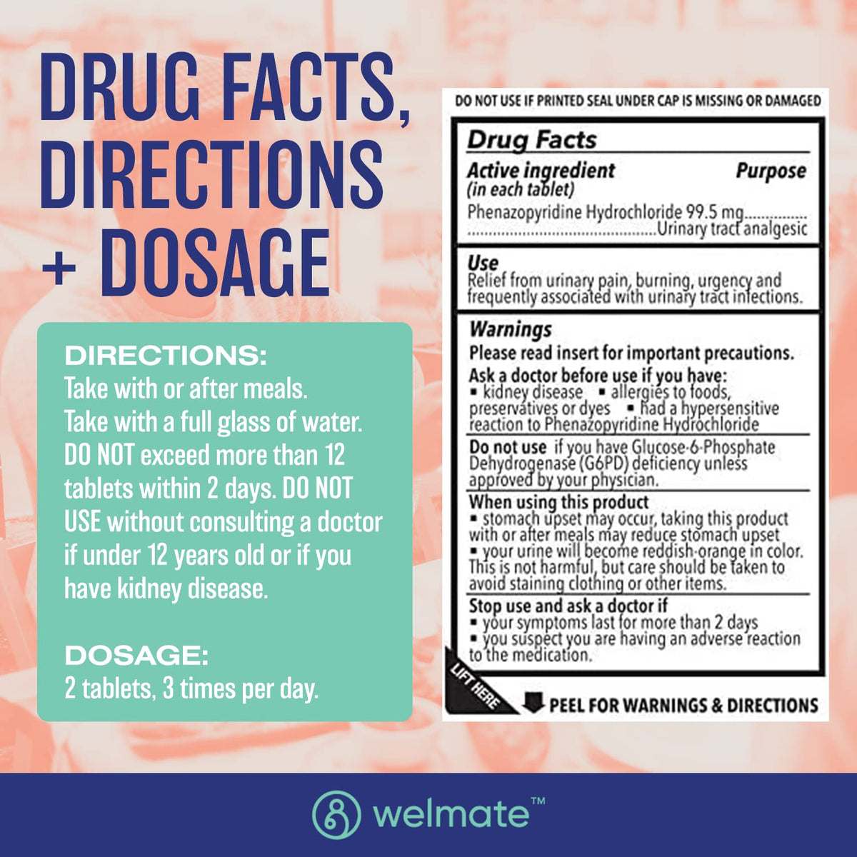 WELMATE Urinary Pain UTI Relief Maximum Strength (Phenazopyridine HCL) - Improve Urinary Tract Health & Bladder Control, Urgency, & Discomfort | Over-The-Counter Medication for Men & Women (72 Pills) WELMATEBuy Supplements Australia