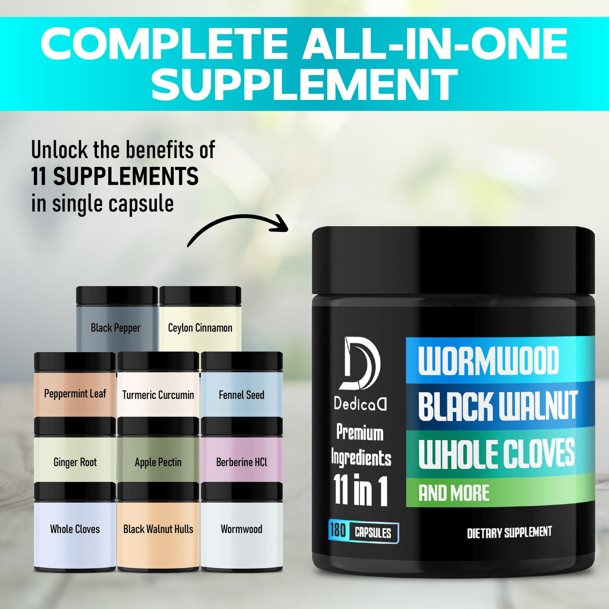 DEDICAD 11in1 Wormwood Capsules - 180 Capsules Extracted from Black Walnut, Cloves, Ginger, Turmeric, Apple, Berberine HCl & More - Support Immune System for 3 Months DEDICAD buy supplements Au