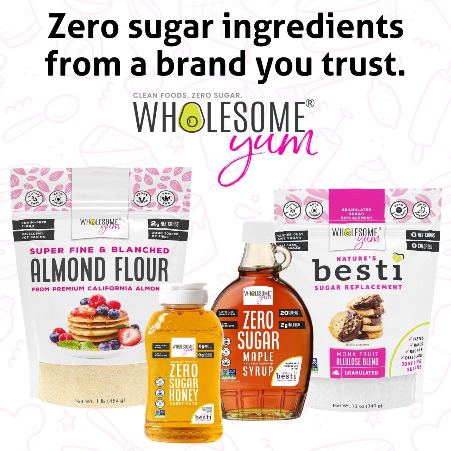 Wholesome Yum Zero Sugar Maple Syrup, Monk Fruit Allulose Keto Maple Syrup | Natural Sugar Free Pancake Syrup. Low Carb, Gluten-Free, Vegan, Non GMO, No Erythritol, No Aftertaste (12 fl oz Glass Bottle)