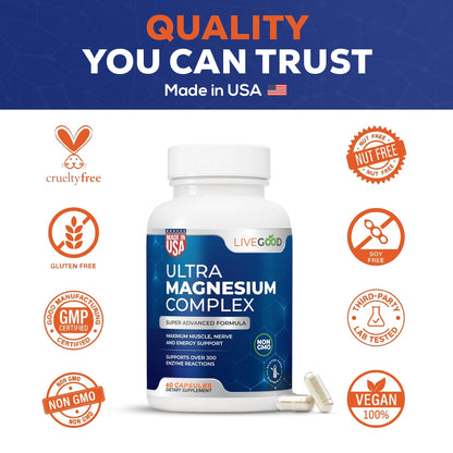 LiveGood™ Ultra Magnesium Complex, Organic Magnesium Glycinate and Gluconate for Muscle Recovery, Nerve Support & Relief – High Absorption Supplement, Vegan, Non-GMO, Made in USA, 60 Capsules LIVEGOOD buy supplements Au