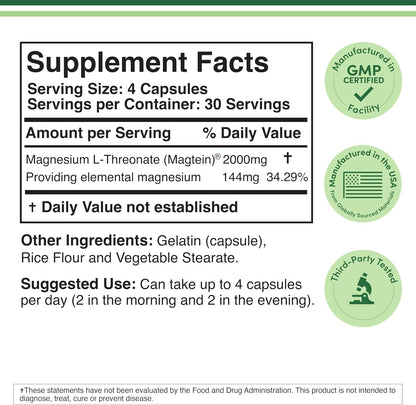 Magnesium L Threonate, Magtein - NSF Certified - Sleep and Cognitive Support – High Absorption