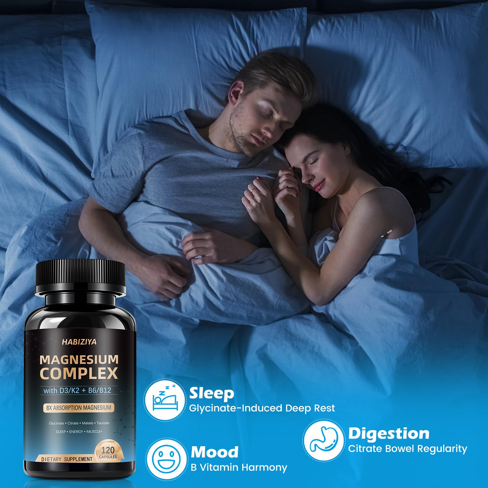 Magnesium Complex Supplement 600mg with with D3 K2 MK7 & B Vitamins High Absorption Capsules with Glycinate, Citrate & Malate,Taurate Relaxation,Muscle,Heart Support, Vegan 120 Capsules HABIZIYA buy supplements Au
