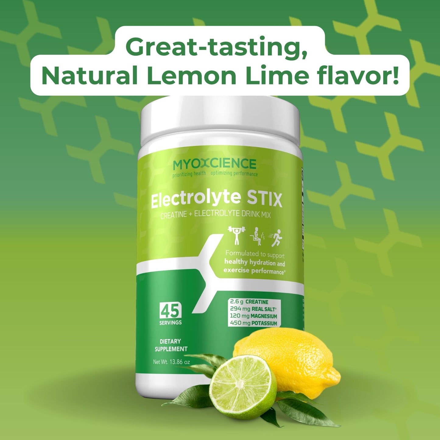 MYOXCIENCE Electrolyte STIX | Creatine Electrolyte Powder | Recovery from Exercise & Muscle Development w/Real Salt (Lemon Lime Flavor) (Jar 45 ct) MYOXCIENCE buy supplements Au