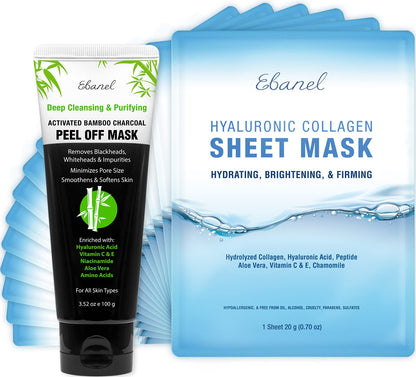Ebanel Bundle of 15-Pack Collagen Face Mask, and Charcoal Peel Off Face Mask