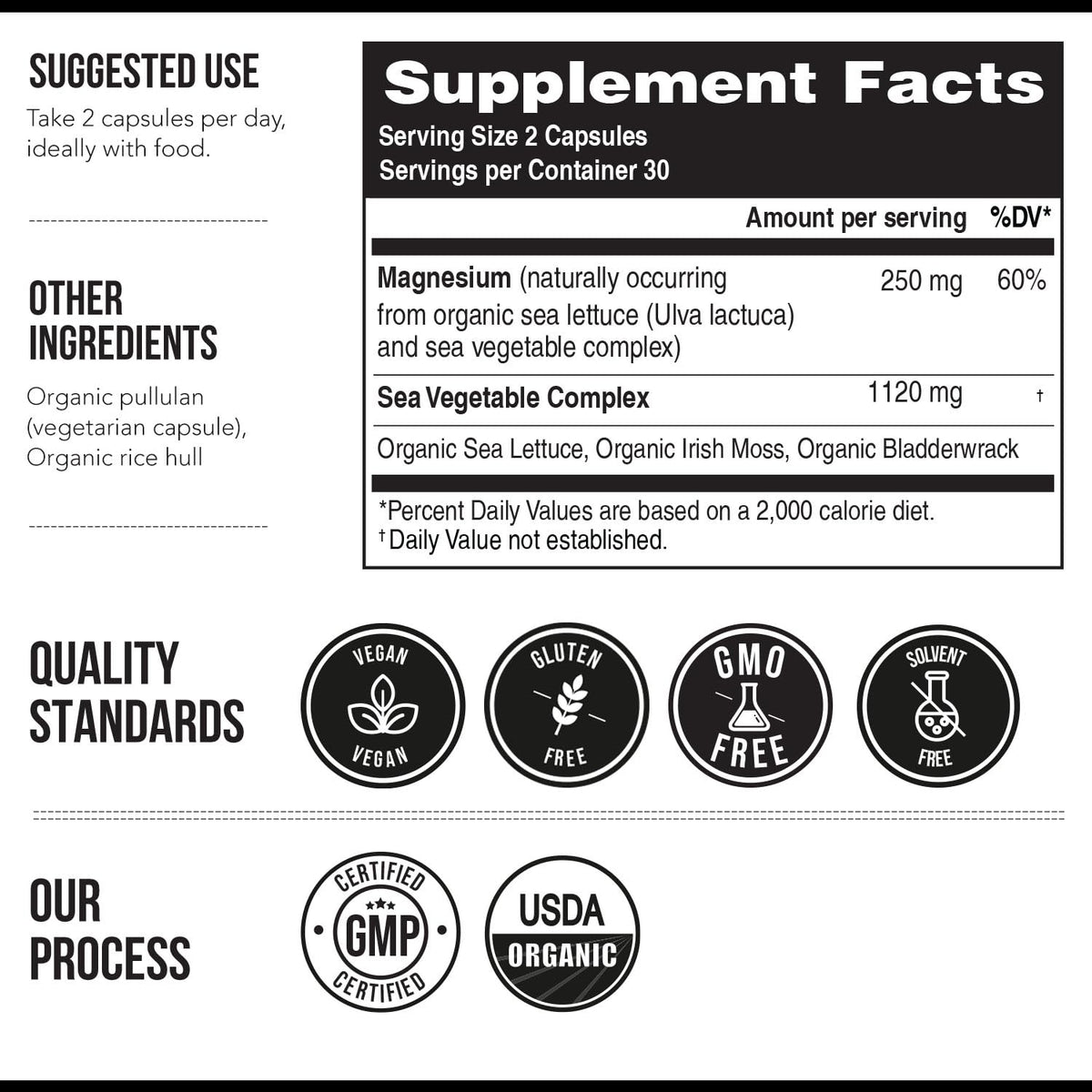 Organic Whole Food Magnesium Supplement - Plant-Based, Organic Sea Vegetable Complex - 250 mg Per Serving | Water Extracted | Gentle on Stomach | Supports Energy, Sleep, Muscle, Heart - 60 Capsules