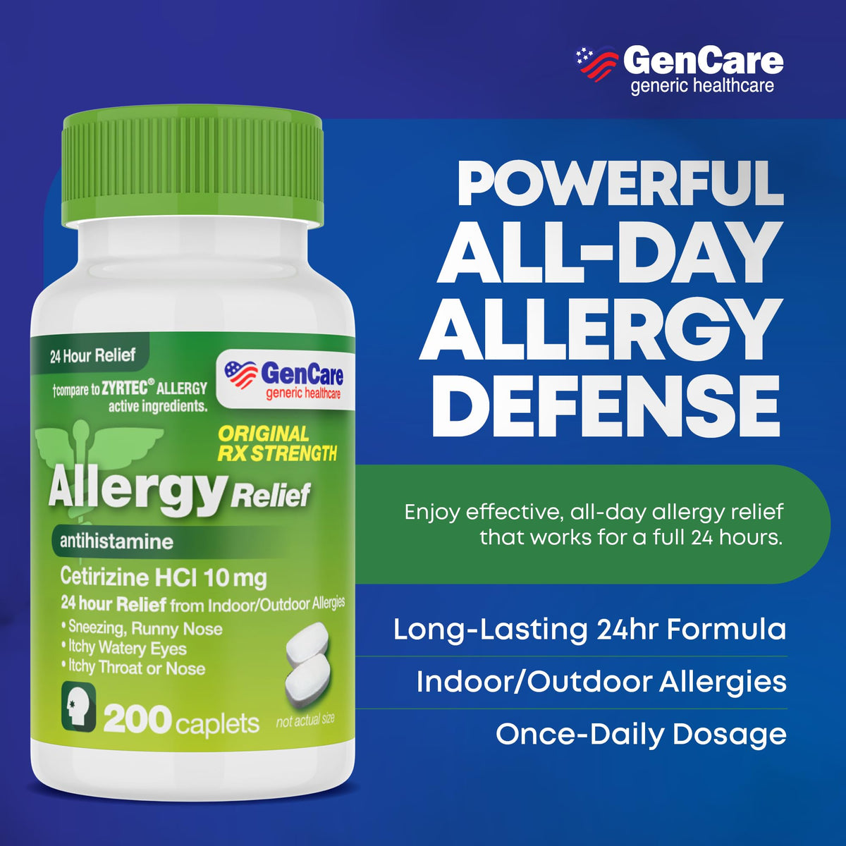 GenCare - Cetirizine HCL 10 mg (200 Caplets) - 24 Hour Allergy Relief Pills - Non Drowsy Generic OTC Allergy Medication - Antihistamine Medicine for Sneezing, Runny Nose & Itchy Eyes - Generic Zyrtec GenCare buy supplements Au