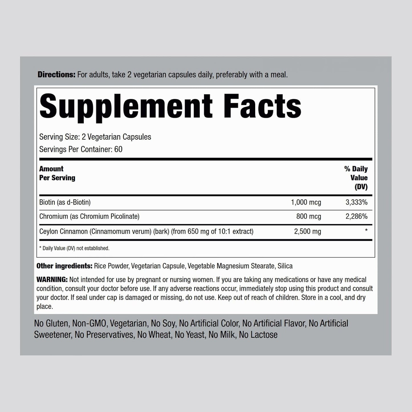 Piping Rock Ceylon Cinnamon Capsules | 120 Pills | Complex Supplement with Chromium and Biotin | Vegetarian, Non-GMO, Gluten Free