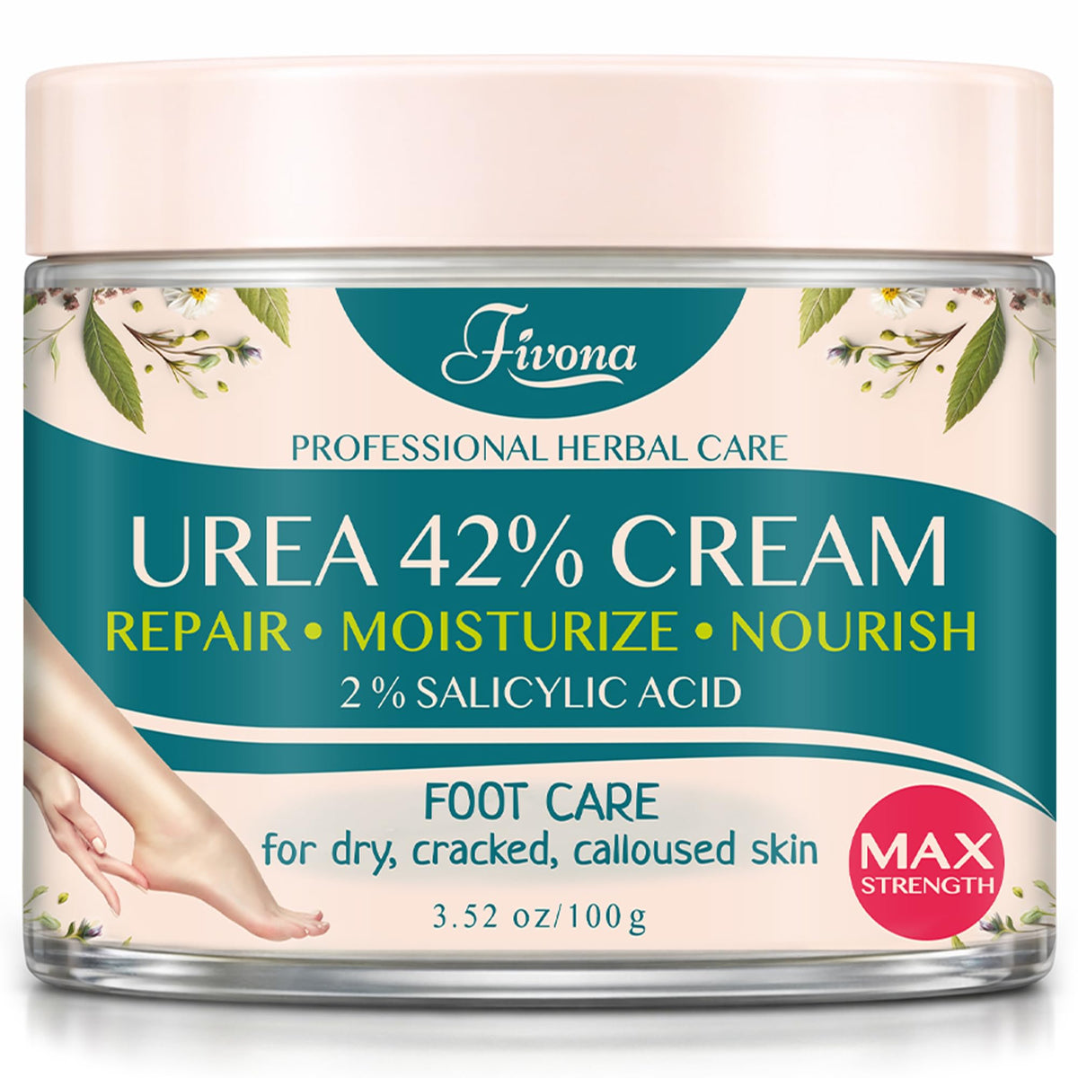 FIVONA 42% Urea Foot Cream for Thick, Rough Dry Skin - Maximum Strength Callus Softening with 2% Salicylic Acid, Tea Tree & Aloe Vera, 100g (3.5 oz) - Deep Moisturizing Foot Care