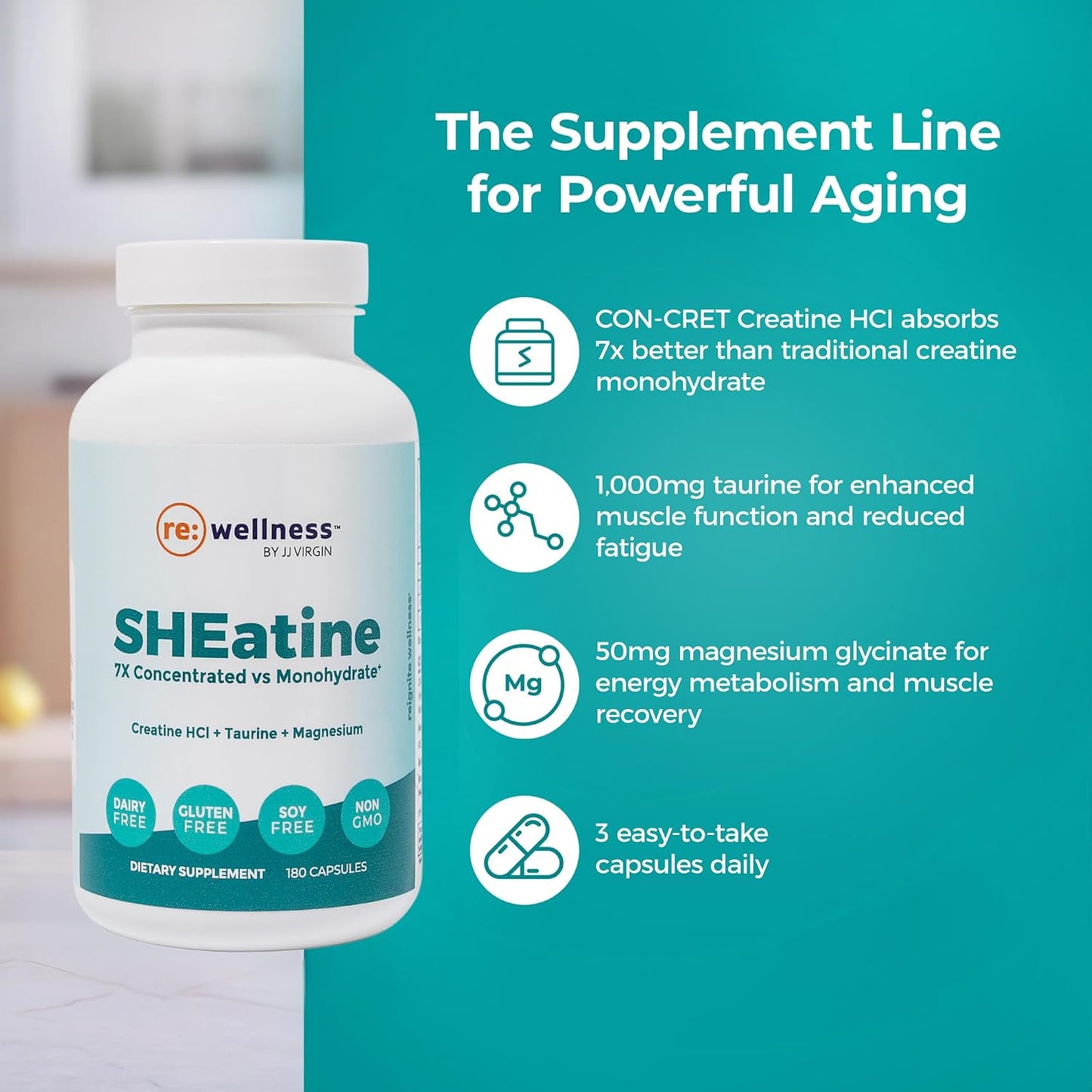 Reignite Wellness by JJ Virgin | SHEatine | Creatine HCL, Taurine & Magnesium Glycinate | 180 Capsules