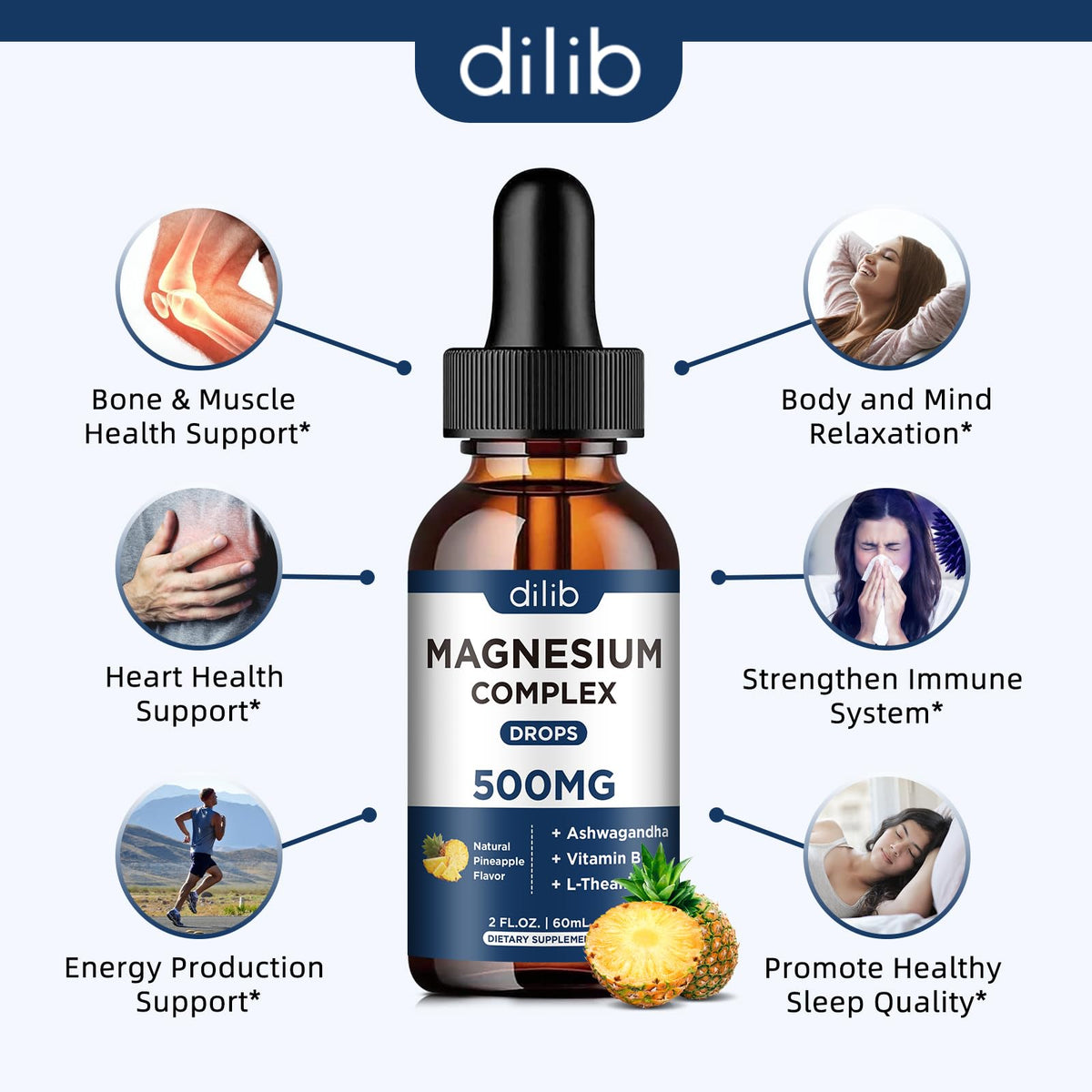 Triple Magnesium Complex Supplement-Magnesium Glycinate, Citrate, Malate Liquid Drops 500mg with Ashwagandha, L-Theanine, Vitamin B6 for Calm, Stress Relief, Sleep, Muscle Support-Pineapple Flavor dilib buy supplements Au