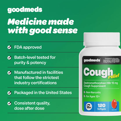 GoodMeds Cough Relief for Adults Softgels Dextromethorphan HBr (DXM) 15mg 8Hour, Non-Drowsy, Long-Lasting Bronchial Suppressant for Dry Cough and Chest Congestion (120 Count)