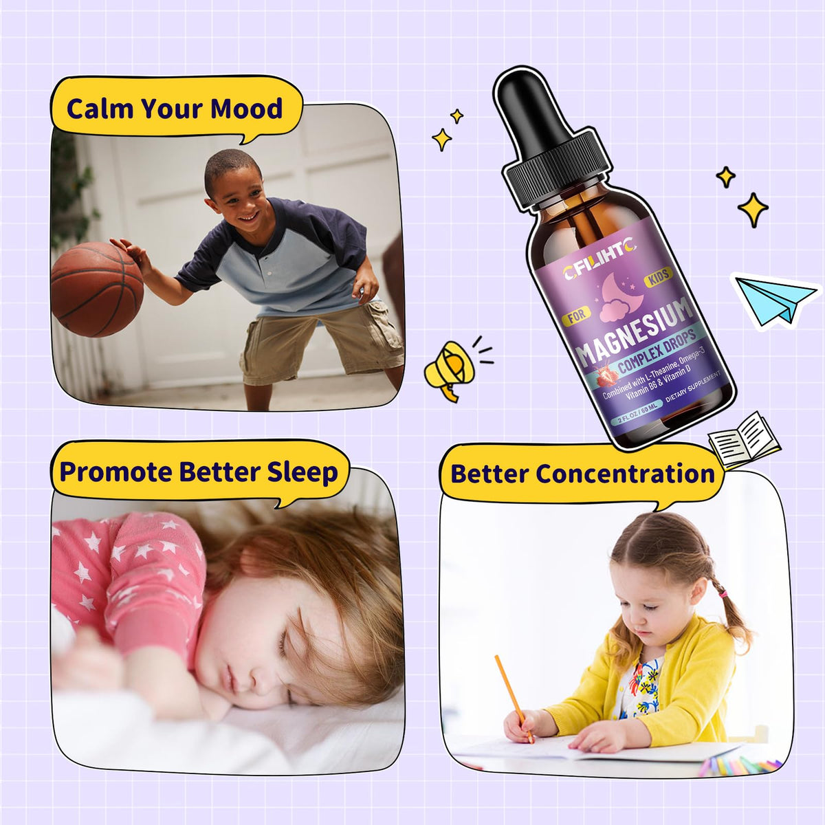 Kids Magnesium Liquid Drops-Magnesium Glycinate Liquid for Kids Supplement-w/L-theanine, Omega-3, Vitamin B6, D3 - for Sleep, Relaxation, Brain, Bones - 4 Fl Oz Children's Calm CFILIHTCBuy Supplements Australia