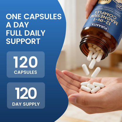 Puravita Magnesium Complex - Puravita 12 in 1 Magnesium Supplement with Glycinate, Citrate, Malate, Oxide, Taurat & More for Muscle, Nerve & Sleep Support, 120 Count PURAVITA buy supplements Au